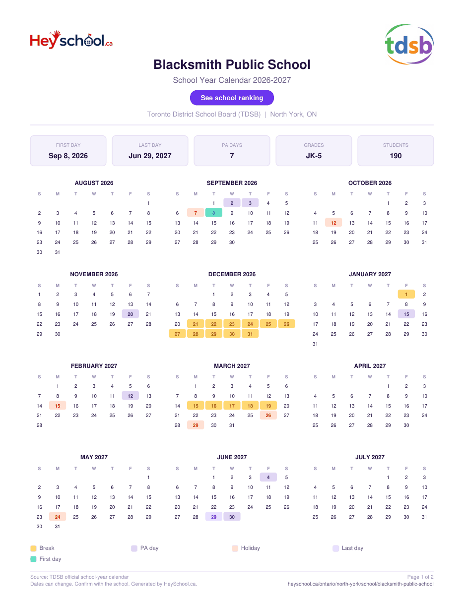 Blacksmith Public School School Year Calendar 2026-2027