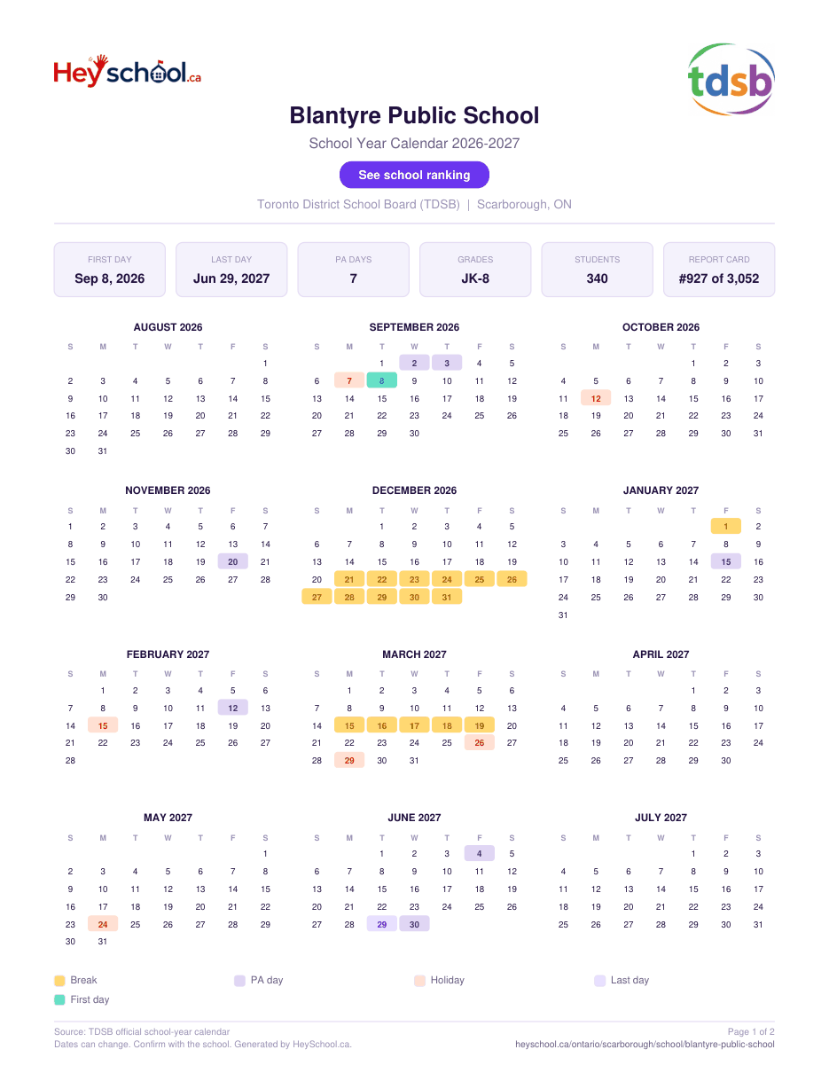 Blantyre Public School School Year Calendar 2026-2027
