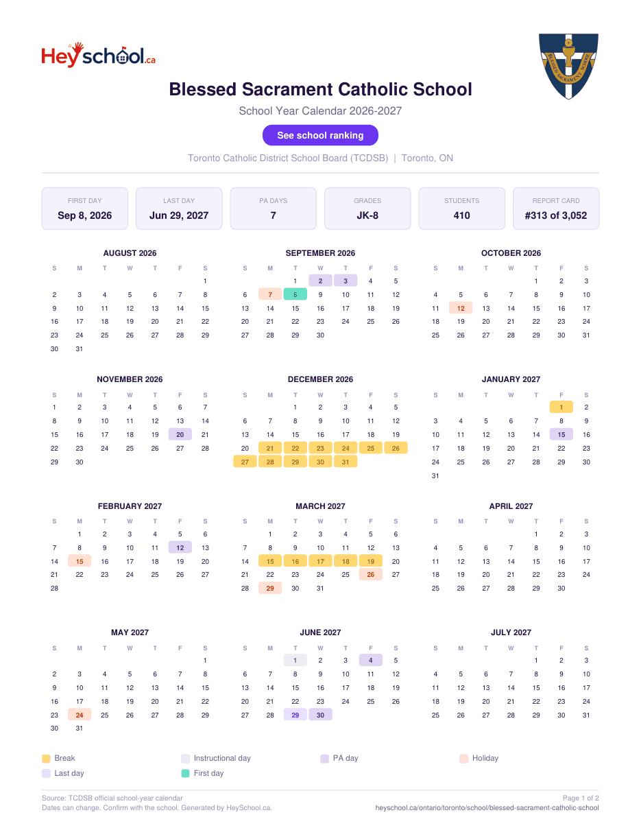 Blessed Sacrament Catholic School School Year Calendar 2026-2027