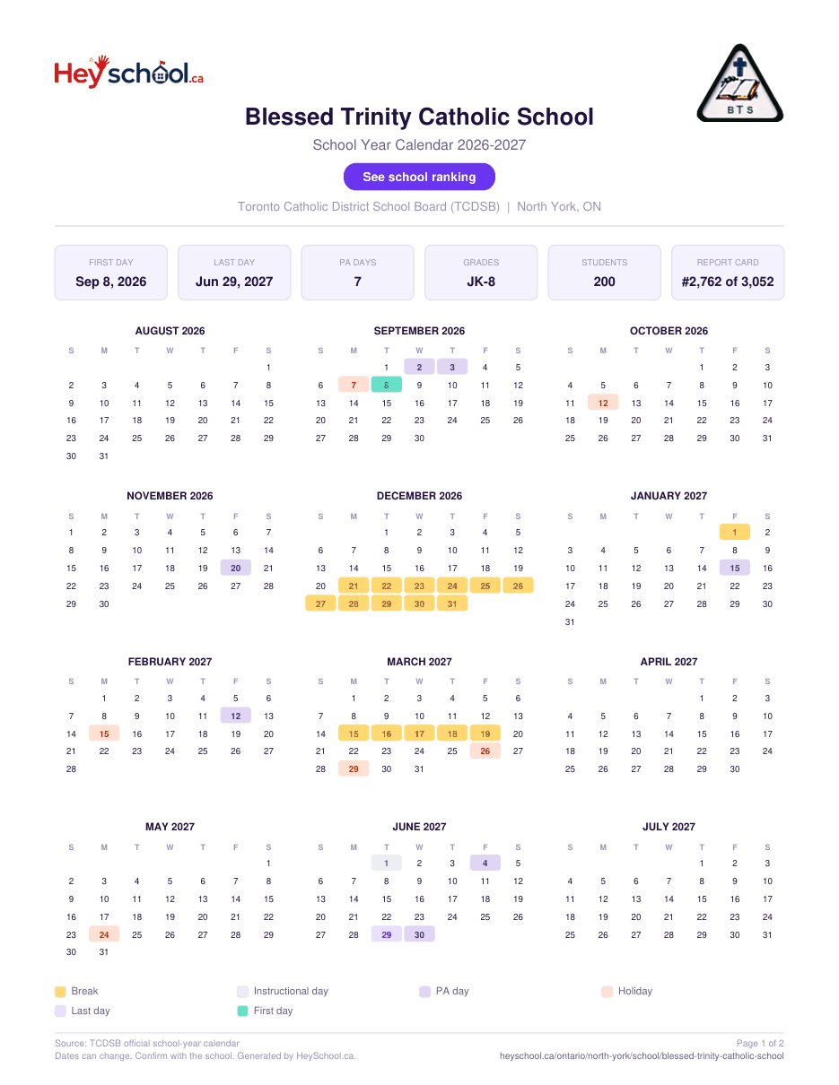 Blessed Trinity Catholic School School Year Calendar 2026-2027