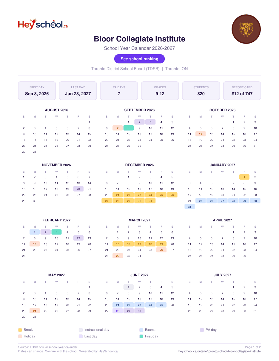 Bloor Collegiate Institute School Year Calendar 2026-2027