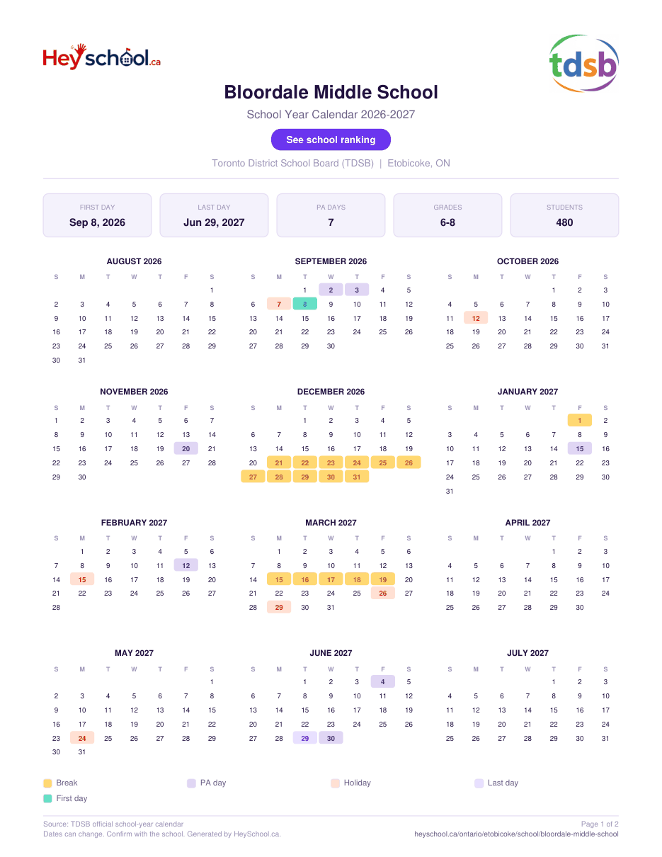 Bloordale Middle School School Year Calendar 2026-2027