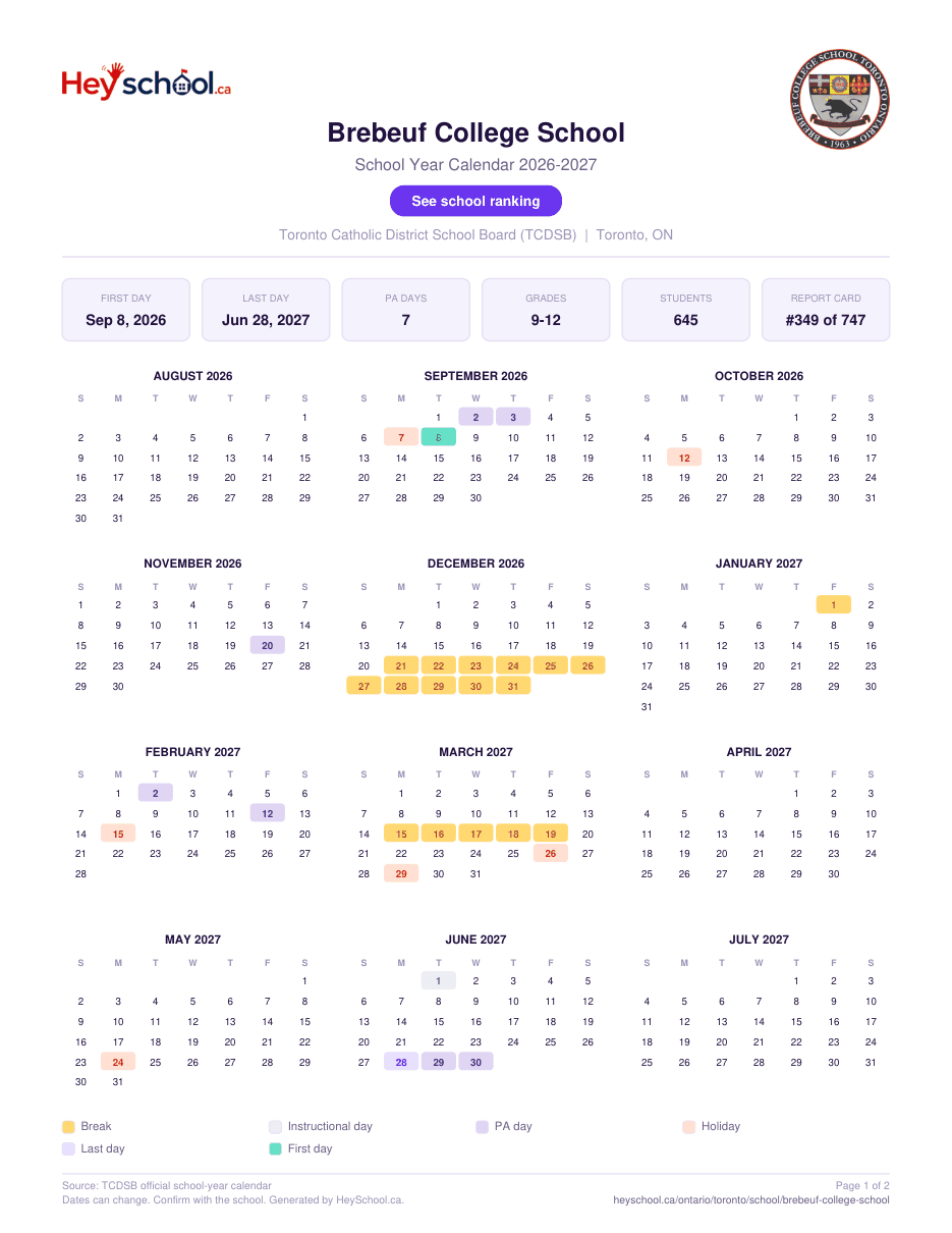 Brebeuf College School School Year Calendar 2026-2027