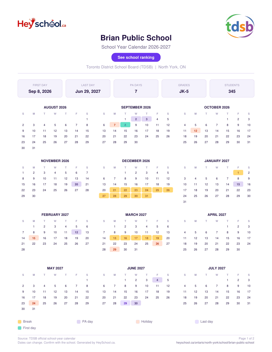 Brian Public School School Year Calendar 2026-2027