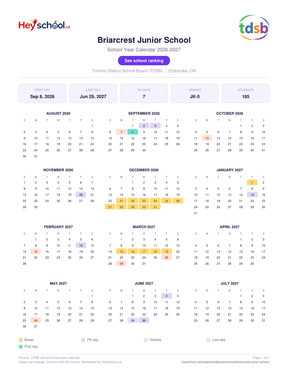 Briarcrest Junior School School Year Calendar 2026-2027