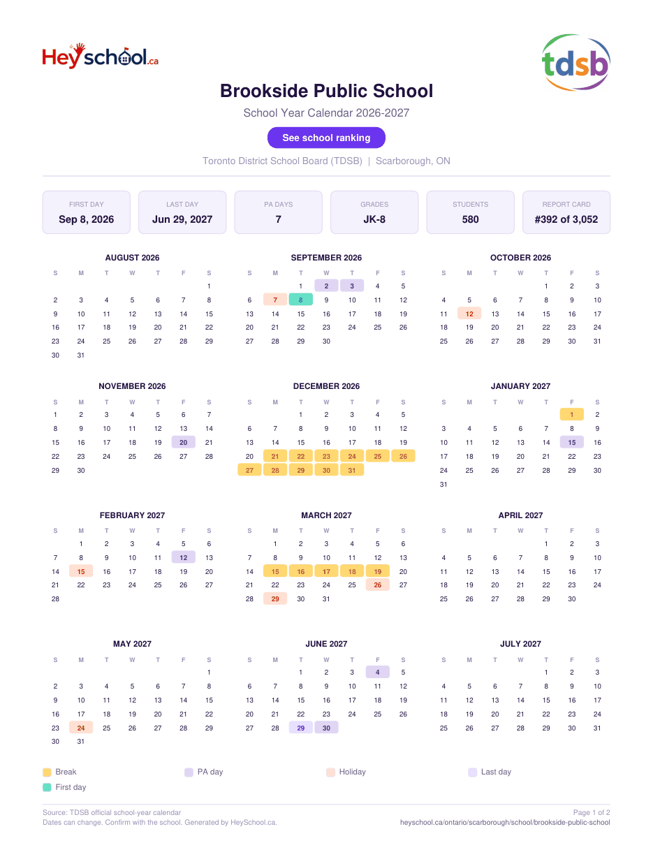 Brookside Public School School Year Calendar 2026-2027