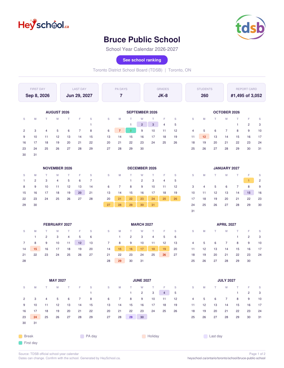 Bruce Public School School Year Calendar 2026-2027