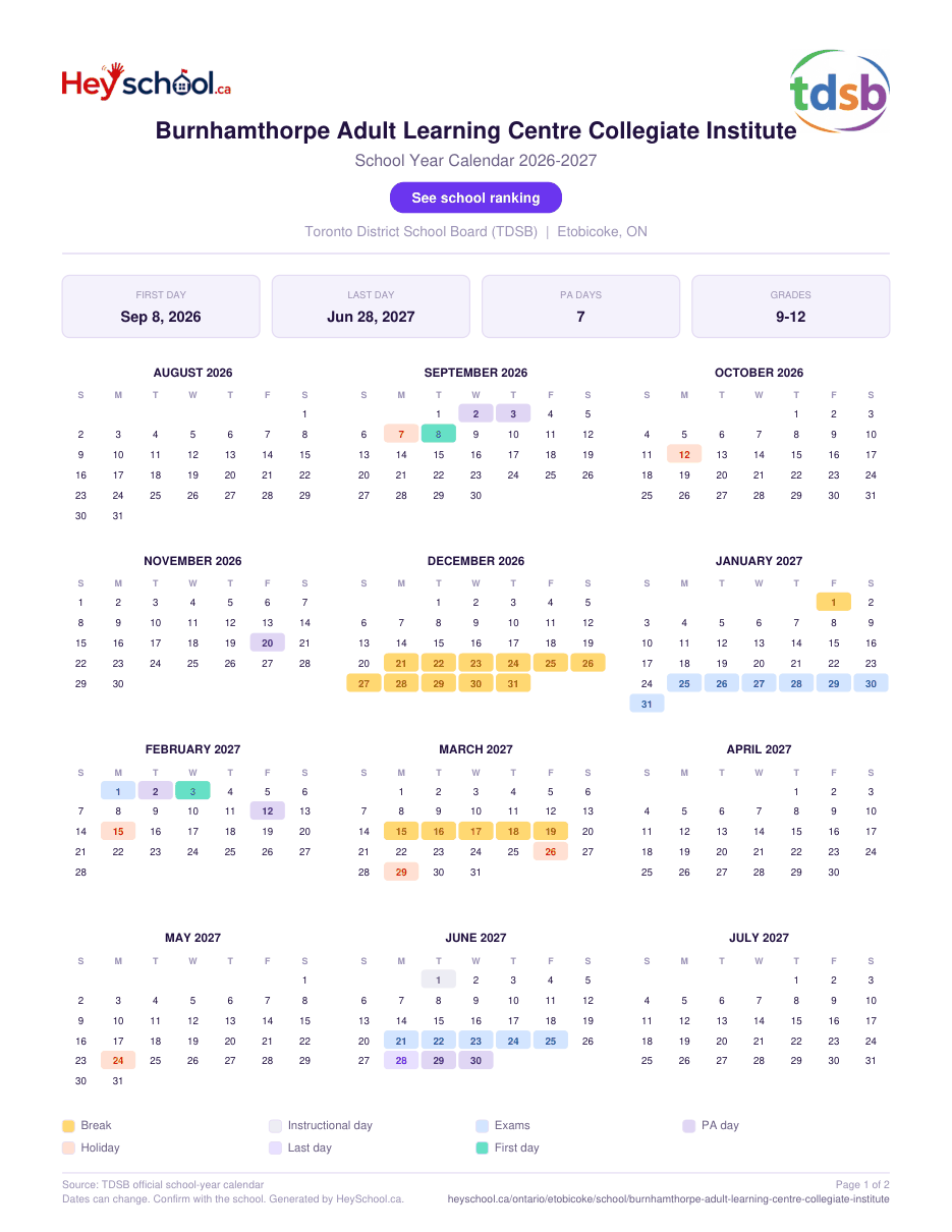 Burnhamthorpe Adult Learning Centre Collegiate Institute School Year Calendar 2026-2027