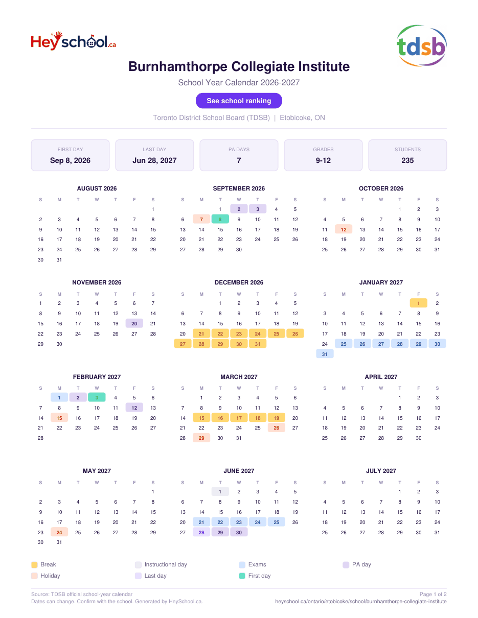 Burnhamthorpe Collegiate Institute School Year Calendar 2026-2027