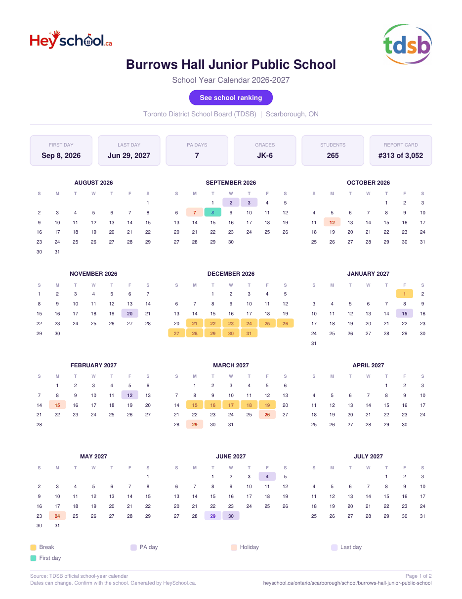 Burrows Hall Junior Public School School Year Calendar 2026-2027