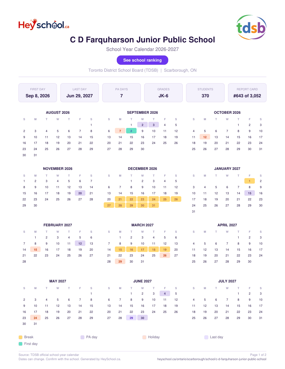C D Farquharson Junior Public School School Year Calendar 2026-2027