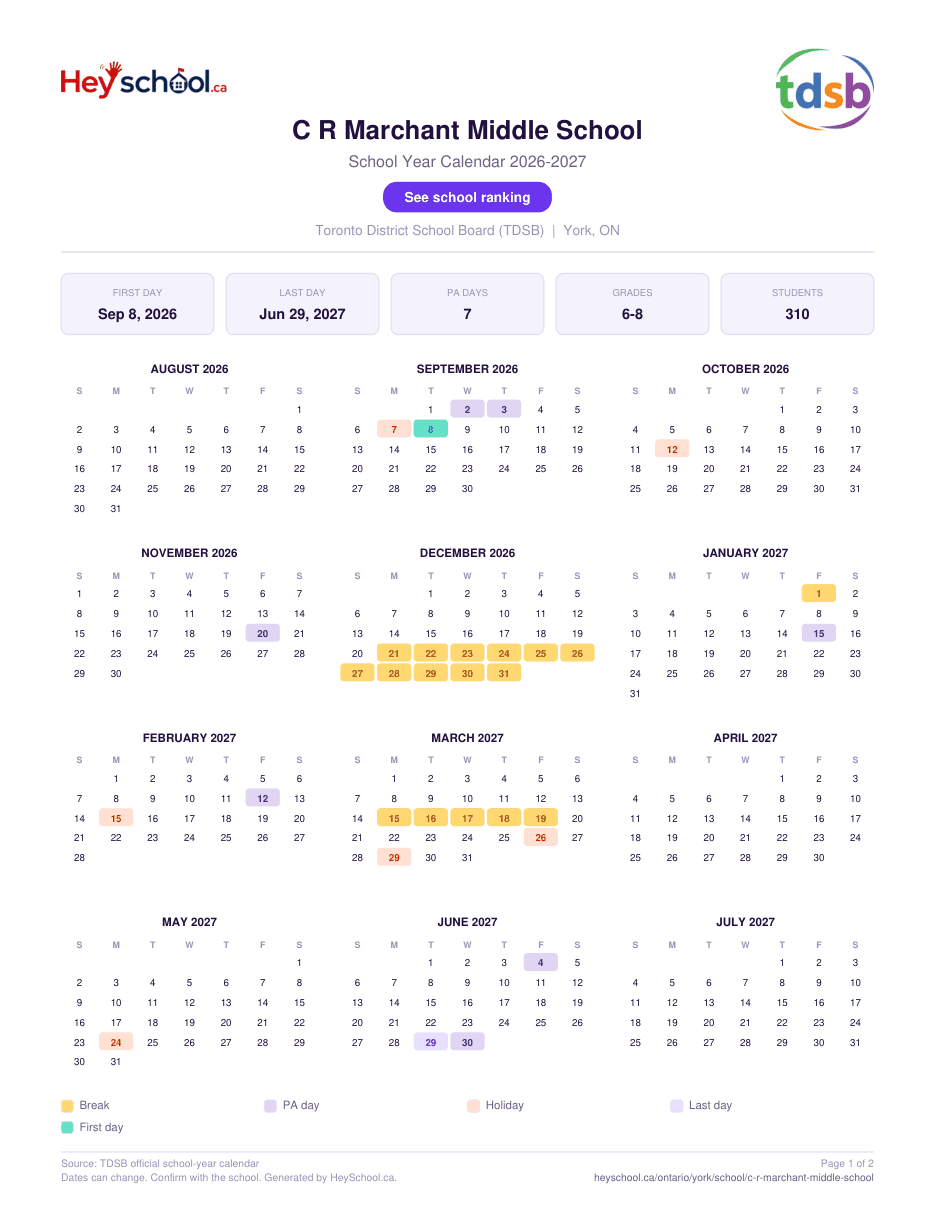 C R Marchant Middle School School Year Calendar 2026-2027