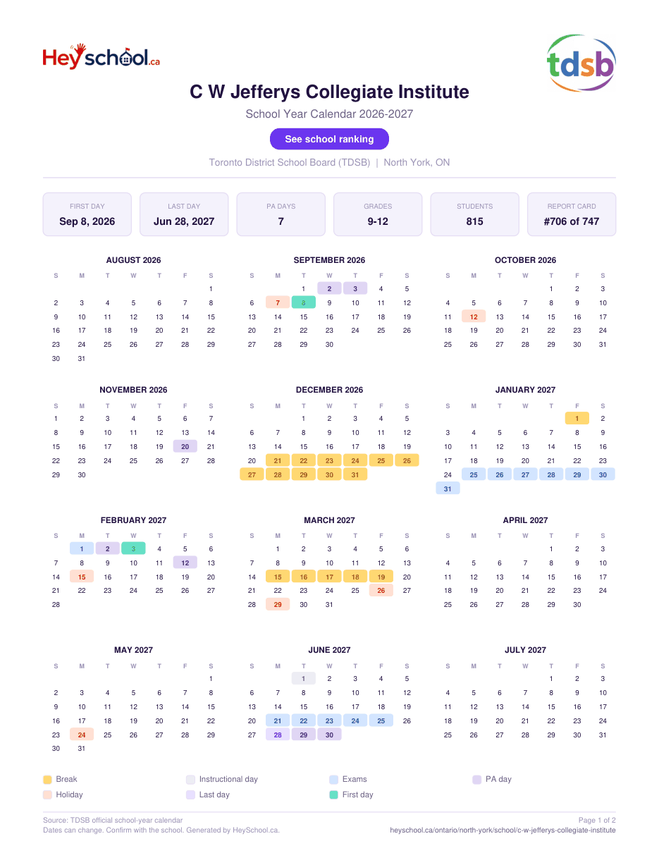 C W Jefferys Collegiate Institute School Year Calendar 2026-2027
