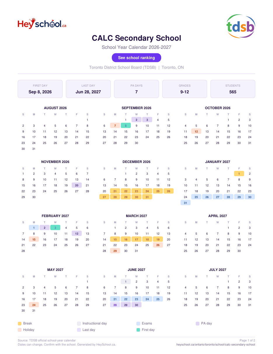 CALC Secondary School School Year Calendar 2026-2027