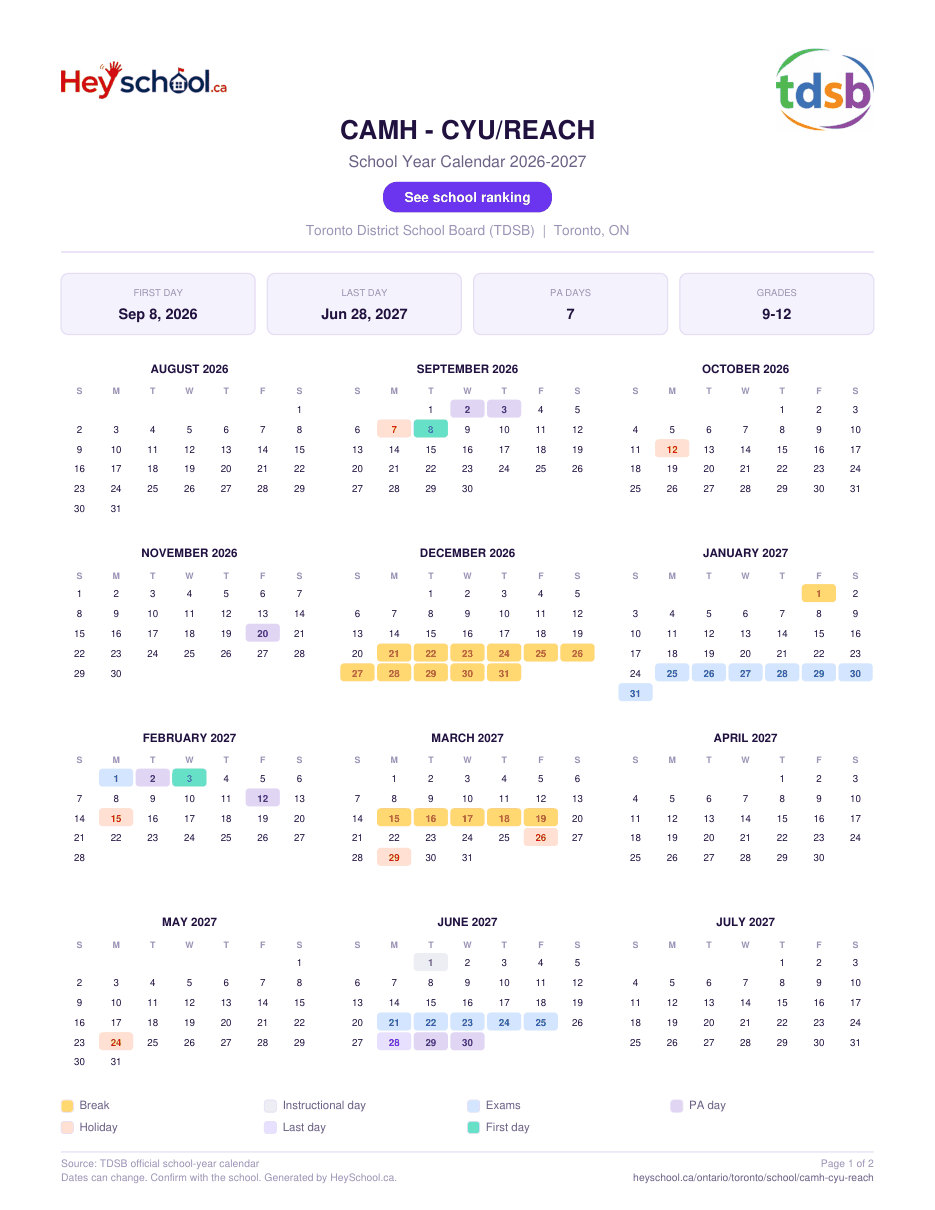 CAMH - CYU/REACH School Year Calendar 2026-2027