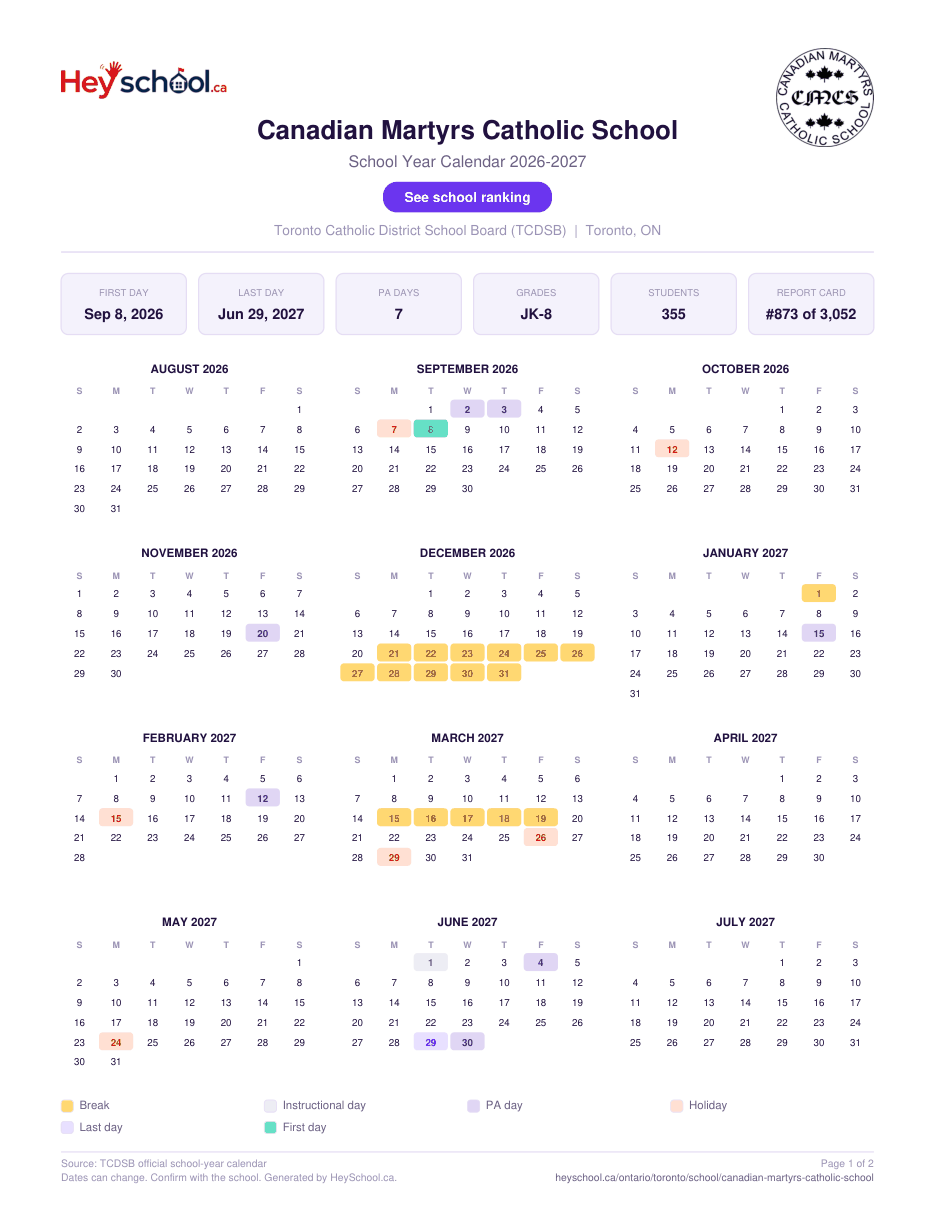 Canadian Martyrs Catholic School School Year Calendar 2026-2027