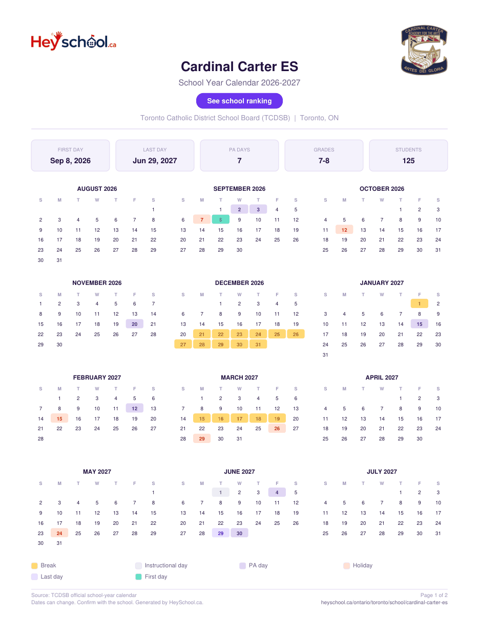 Cardinal Carter ES School Year Calendar 2026-2027