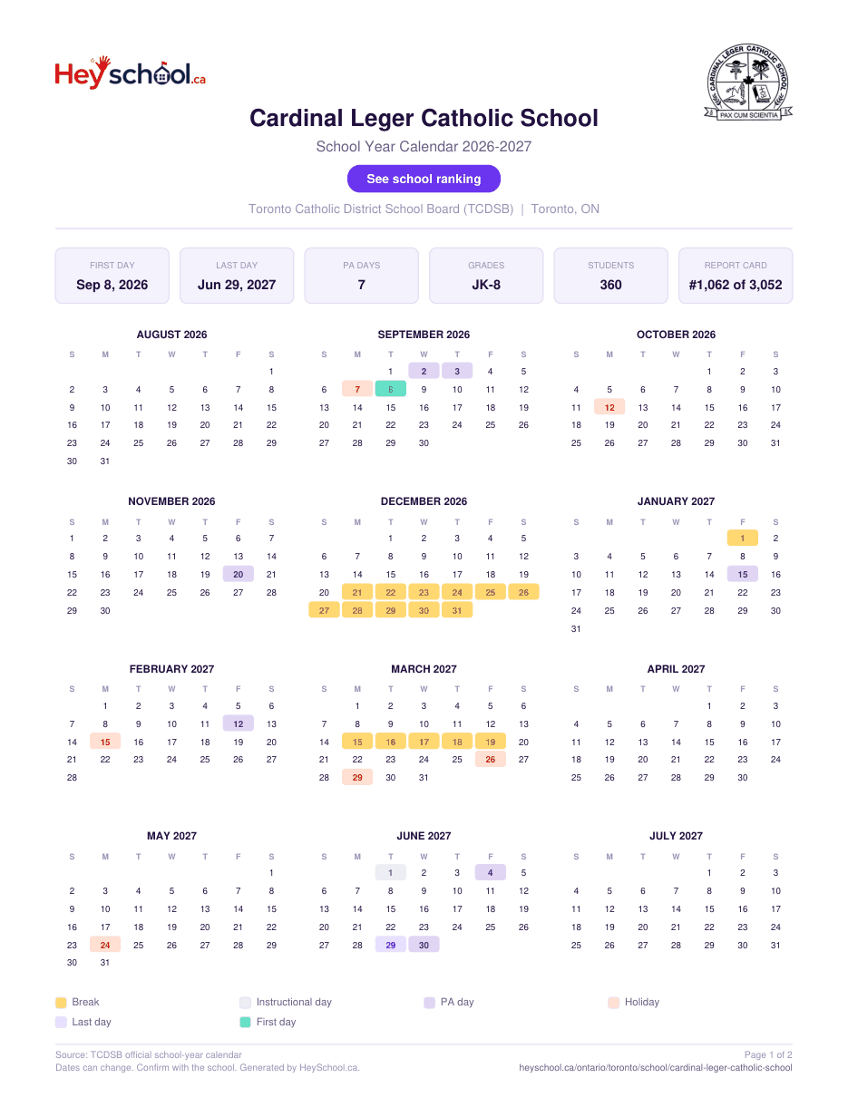 Cardinal Leger Catholic School School Year Calendar 2026-2027
