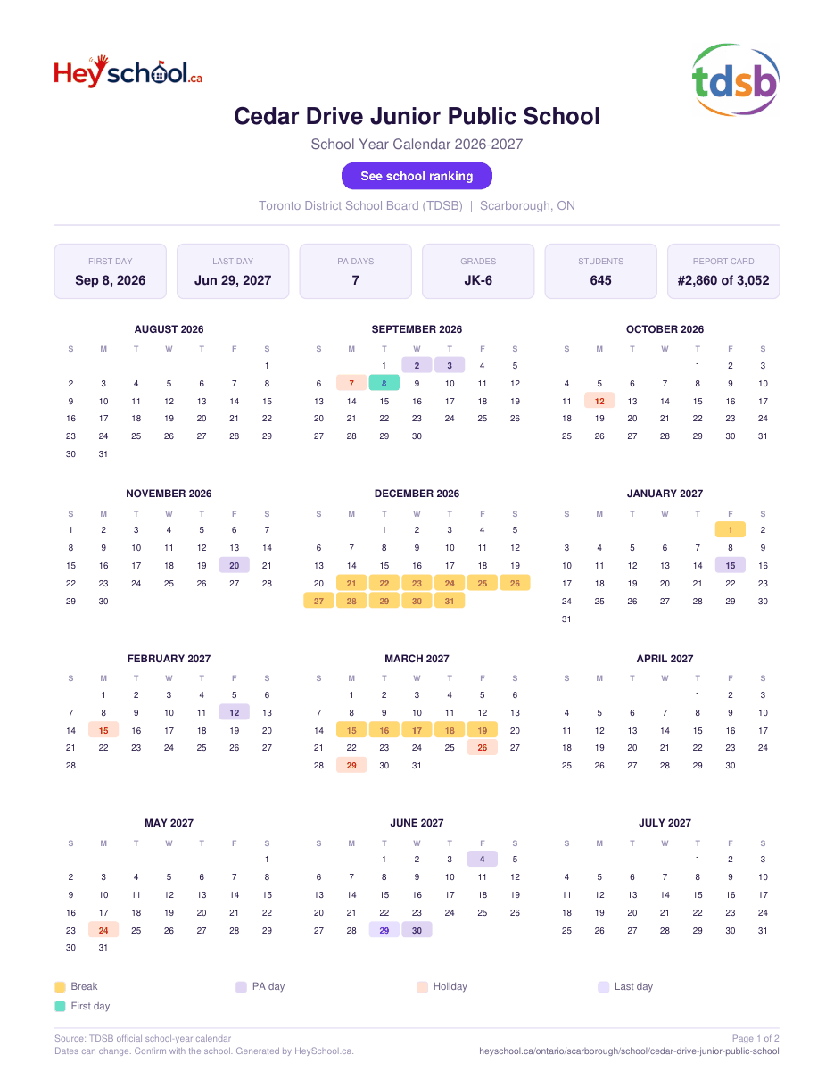 Cedar Drive Junior Public School School Year Calendar 2026-2027