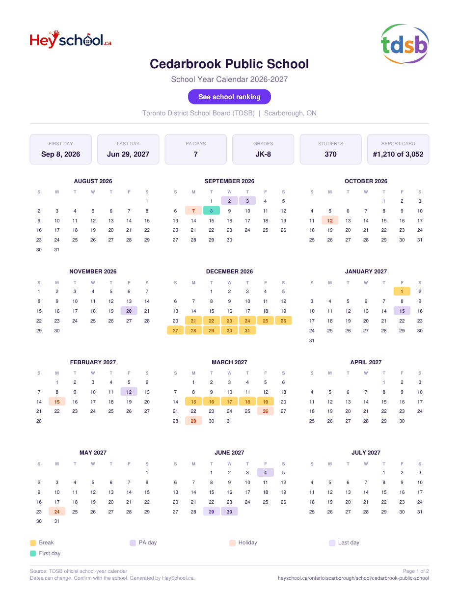 Cedarbrook Public School School Year Calendar 2026-2027