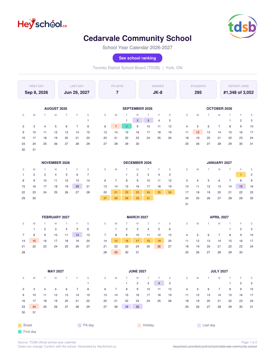 Cedarvale Community School School Year Calendar 2026-2027