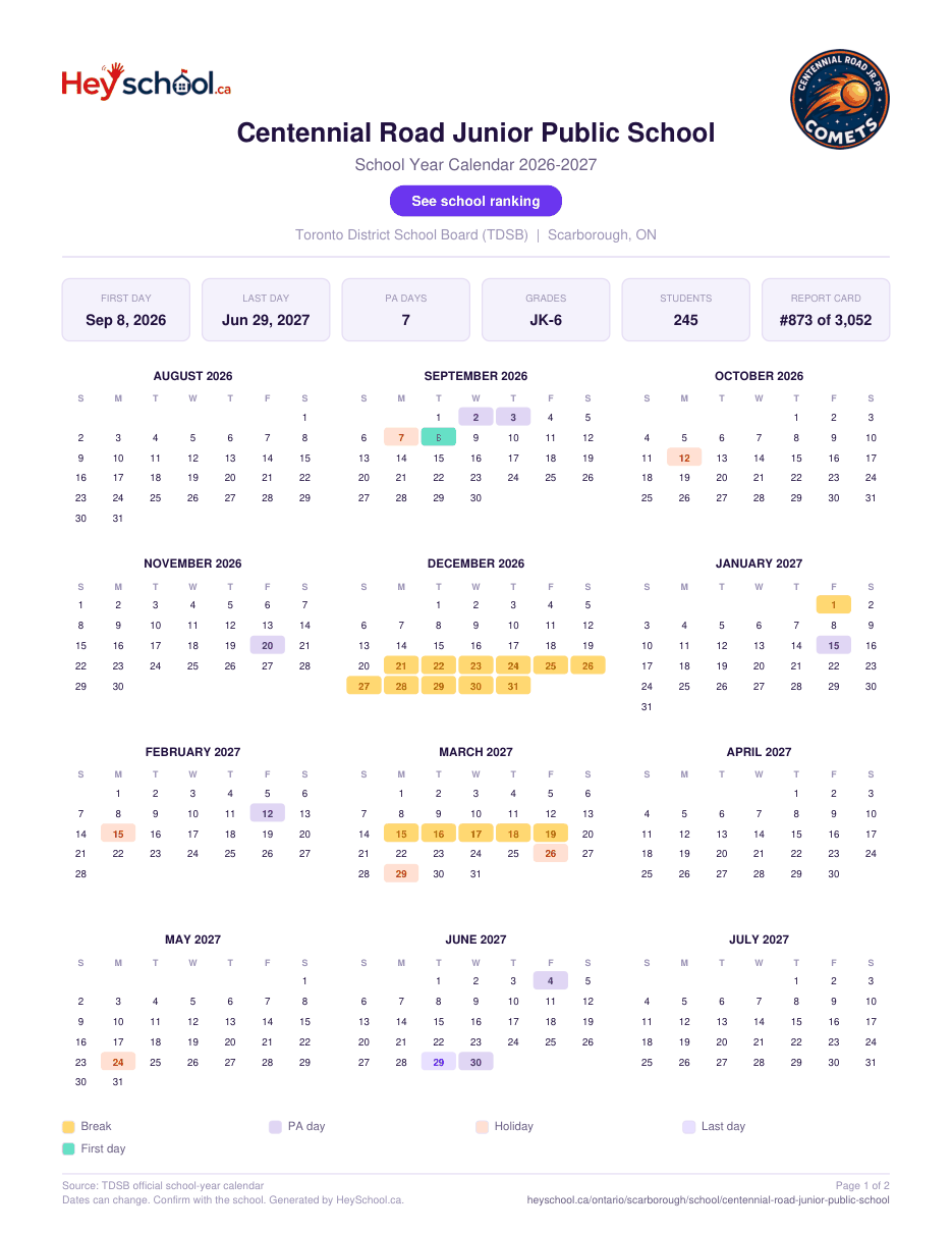 Centennial Road Junior Public School School Year Calendar 2026-2027