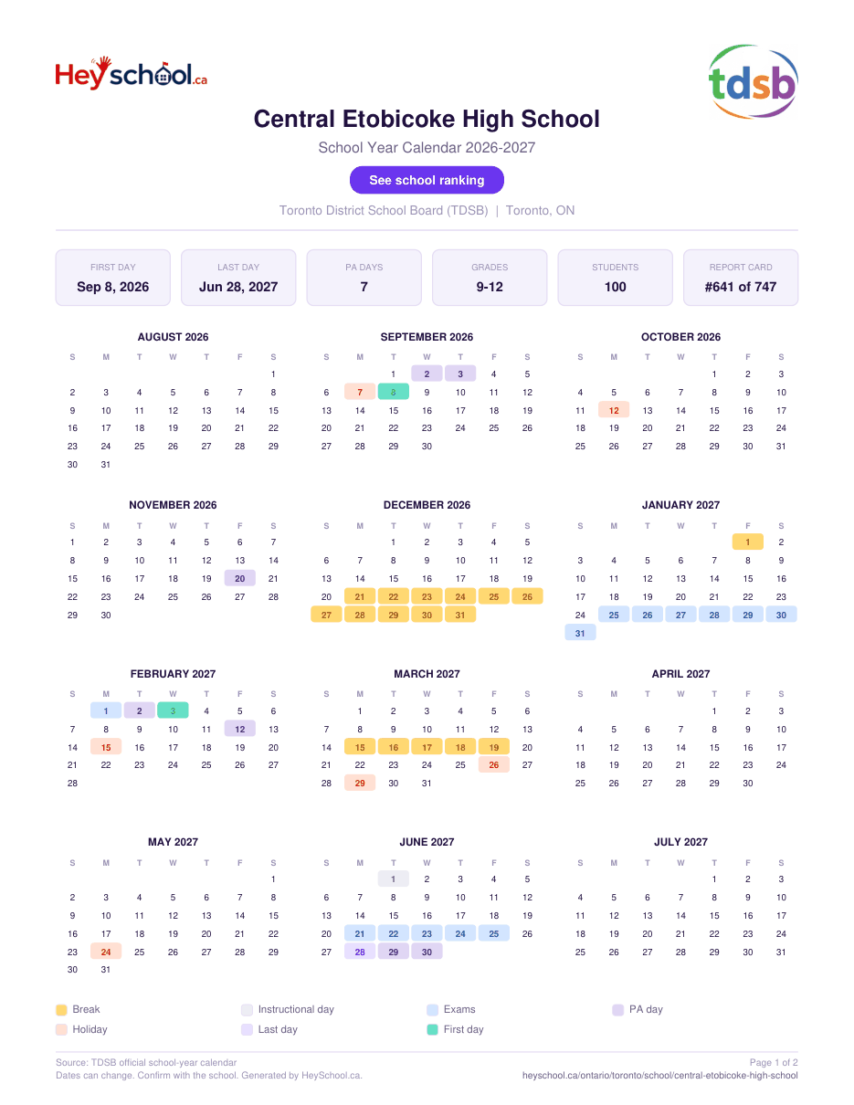 Central Etobicoke High School School Year Calendar 2026-2027