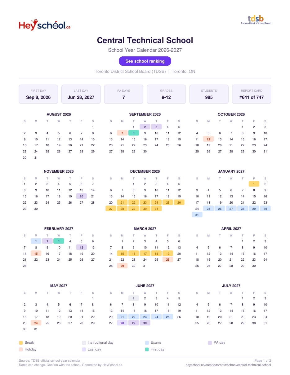 Central Technical School School Year Calendar 2026-2027