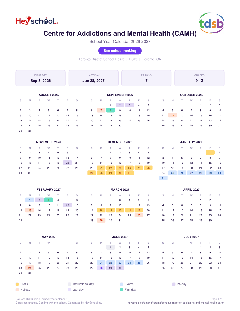 Centre for Addictions and Mental Health (CAMH) School Year Calendar 2026-2027