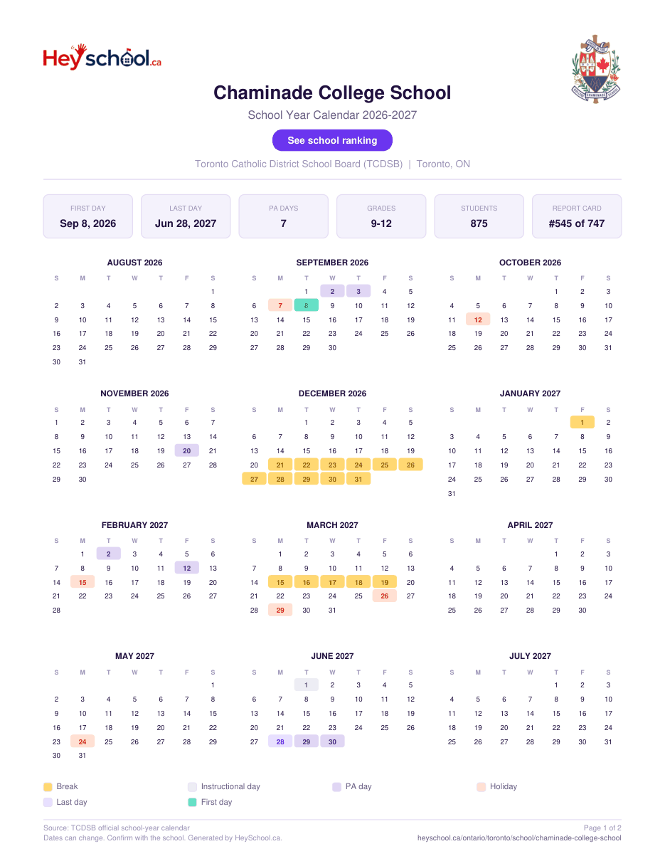 Chaminade College School School Year Calendar 2026-2027