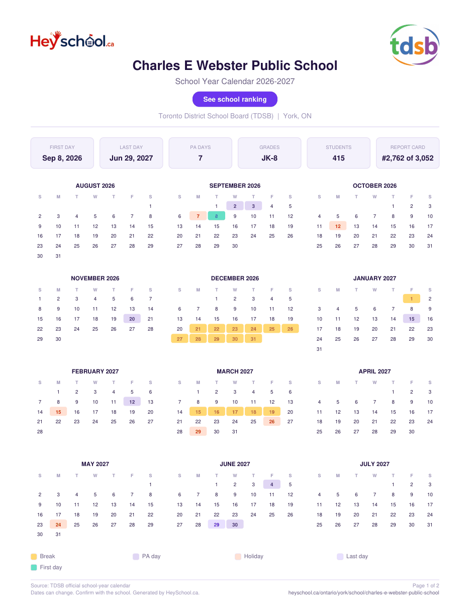 Charles E Webster Public School School Year Calendar 2026-2027
