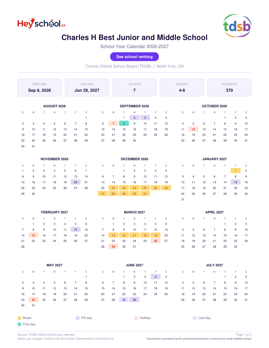 Charles H Best Junior and Middle School School Year Calendar 2026-2027