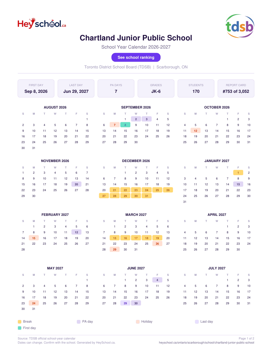Chartland Junior Public School School Year Calendar 2026-2027