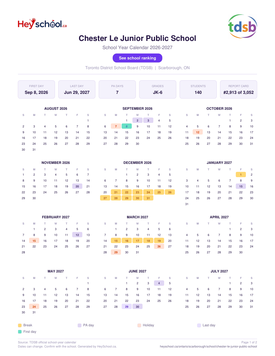 Chester Le Junior Public School School Year Calendar 2026-2027