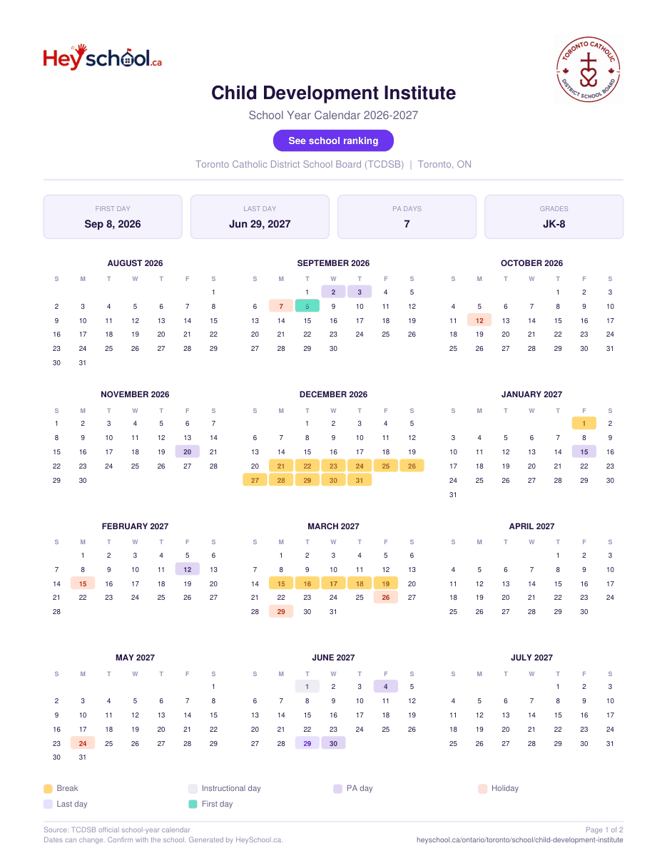 Child Development Institute School Year Calendar 2026-2027