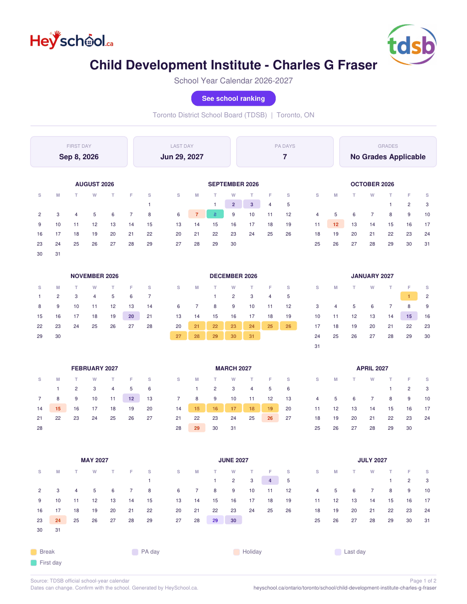 Child Development Institute - Charles G Fraser School Year Calendar 2026-2027