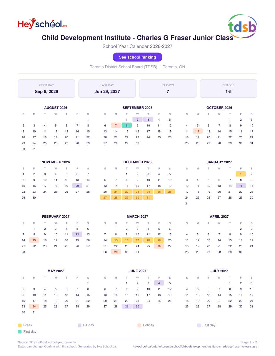 Child Development Institute - Charles G Fraser Junior Class School Year Calendar 2026-2027