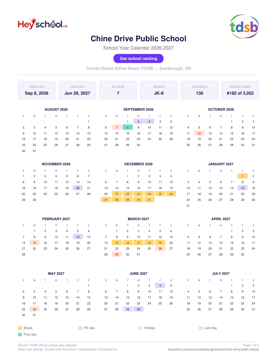 Chine Drive Public School School Year Calendar 2026-2027