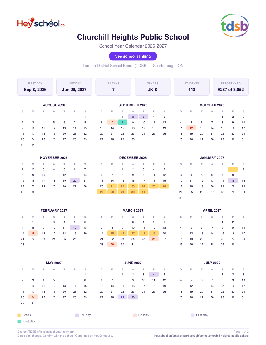 Churchill Heights Public School School Year Calendar 2026-2027
