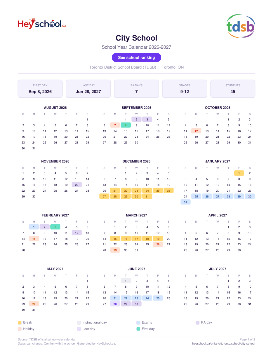 City School School Year Calendar 2026-2027