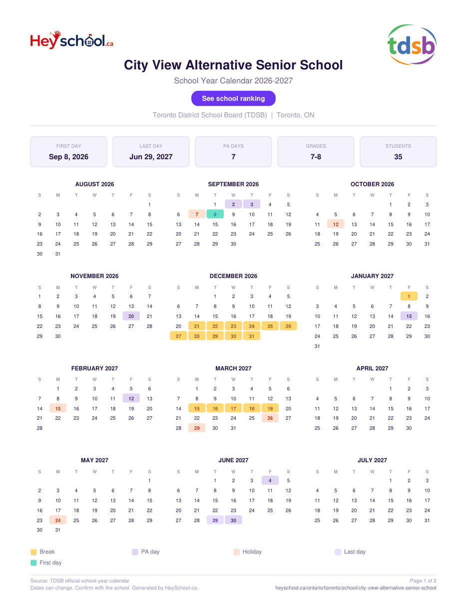 City View Alternative Senior School School Year Calendar 2026-2027
