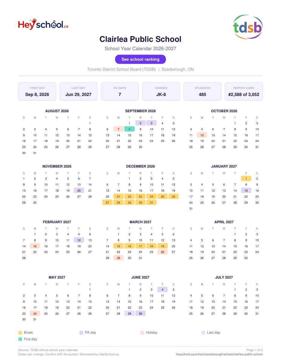 Clairlea Public School School Year Calendar 2026-2027
