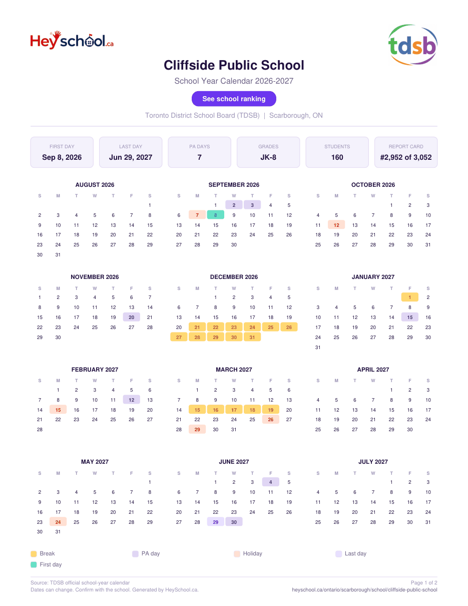 Cliffside Public School School Year Calendar 2026-2027