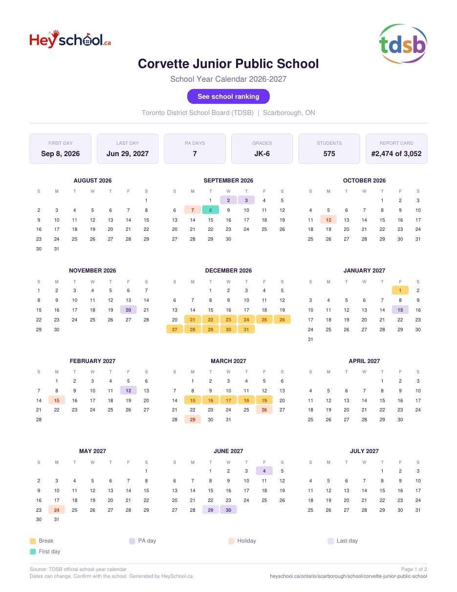 Corvette Junior Public School School Year Calendar 2026-2027