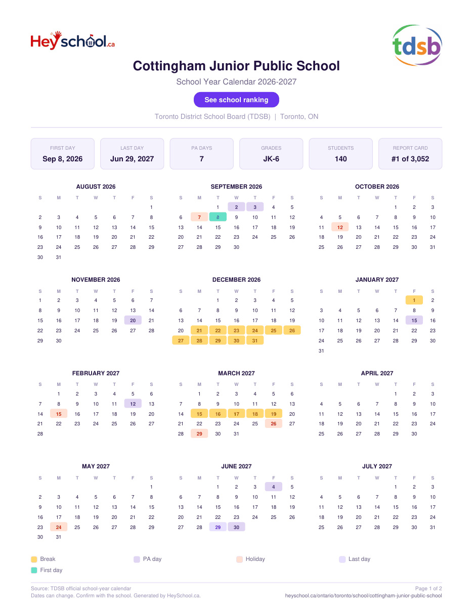 Cottingham Junior Public School School Year Calendar 2026-2027