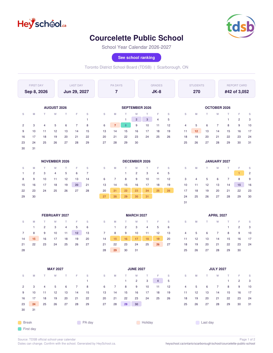 Courcelette Public School School Year Calendar 2026-2027