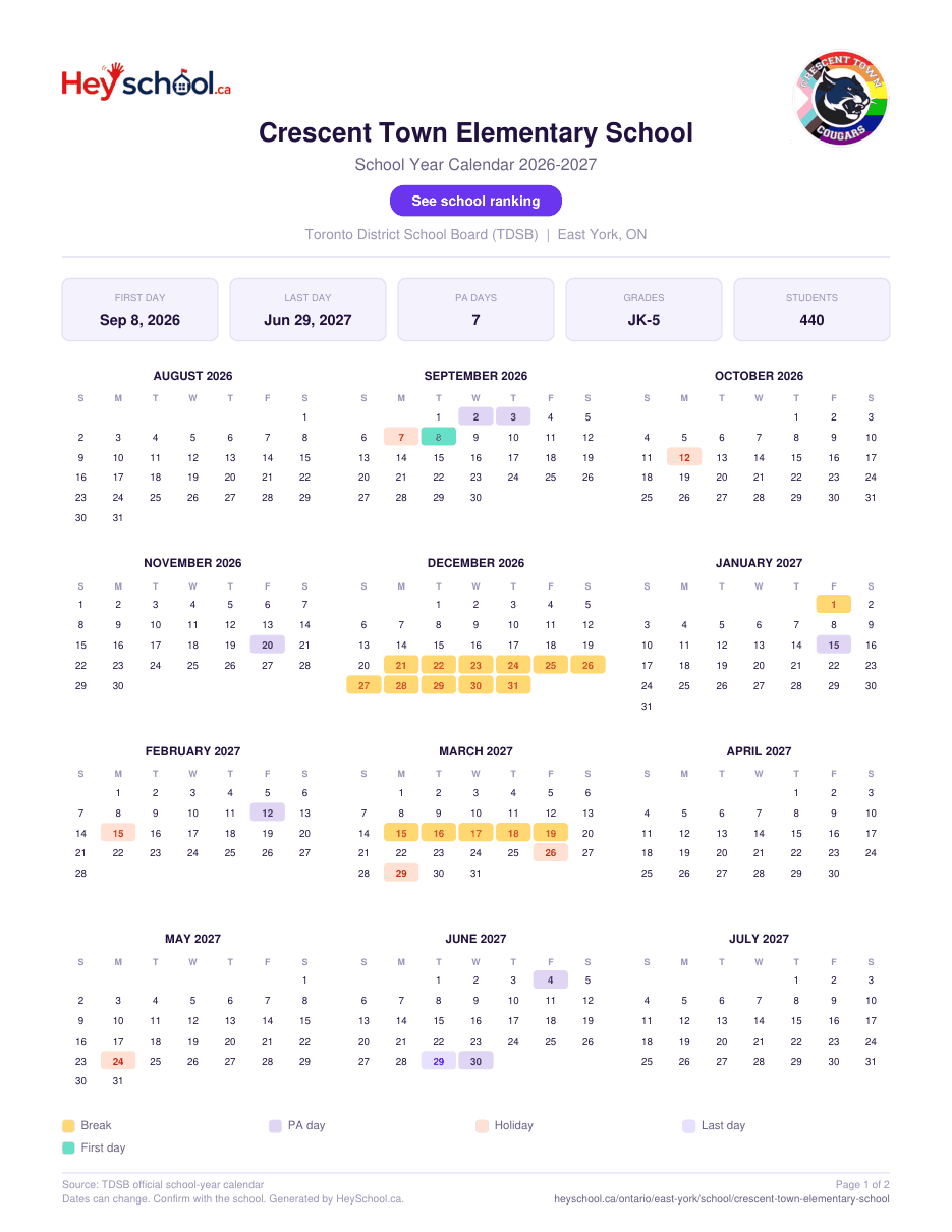 Crescent Town Elementary School School Year Calendar 2026-2027