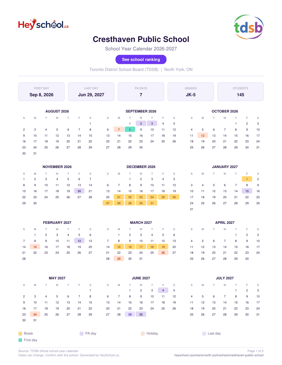 Cresthaven Public School School Year Calendar 2026-2027