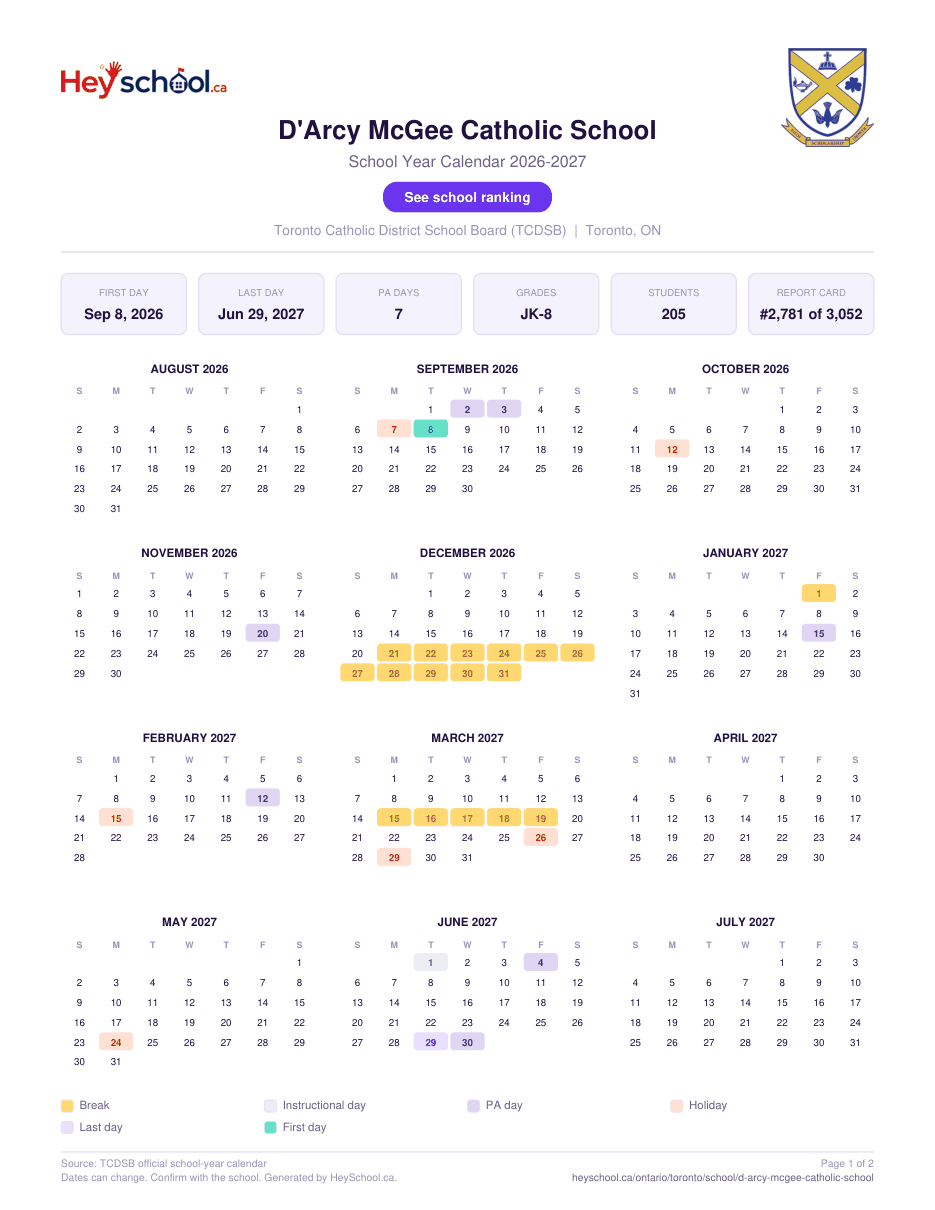 D'Arcy McGee Catholic School School Year Calendar 2026-2027