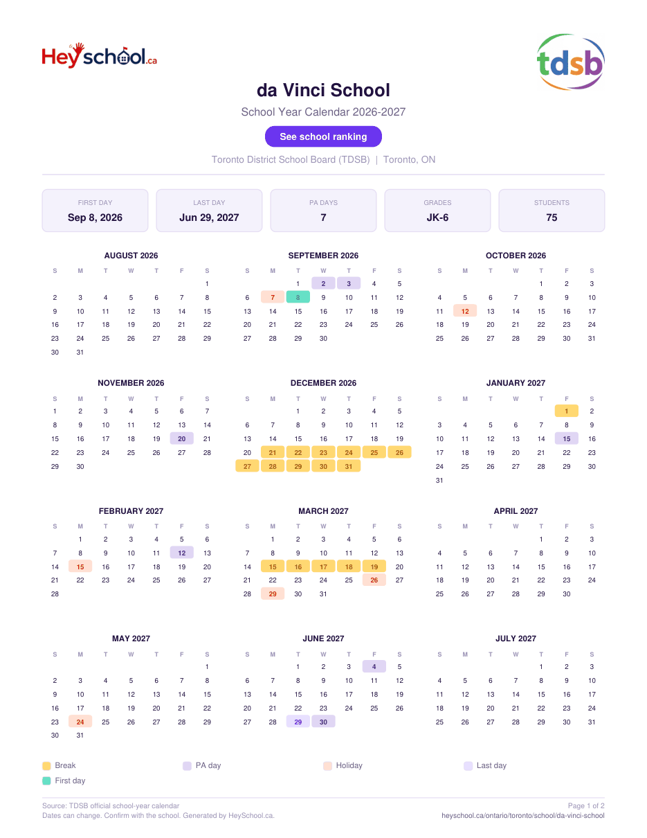 da Vinci School School Year Calendar 2026-2027